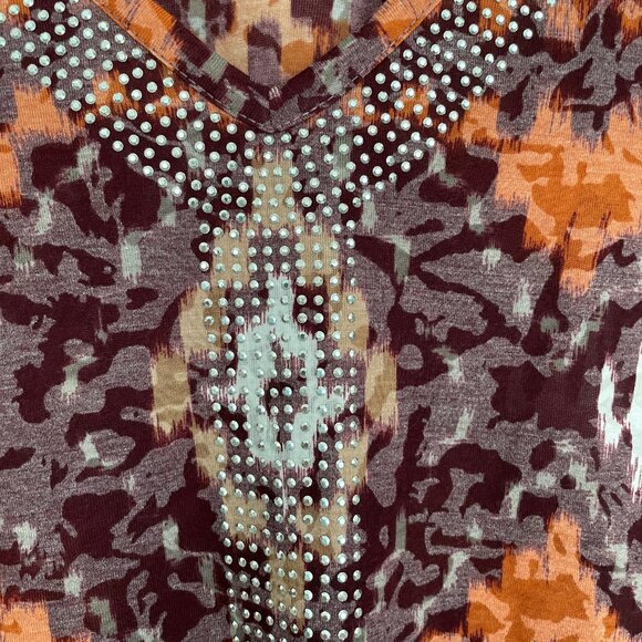 Studded Cold Shoulder Short Sleeve Top Eggplant Tribal Size XL - Picture 3 of 4